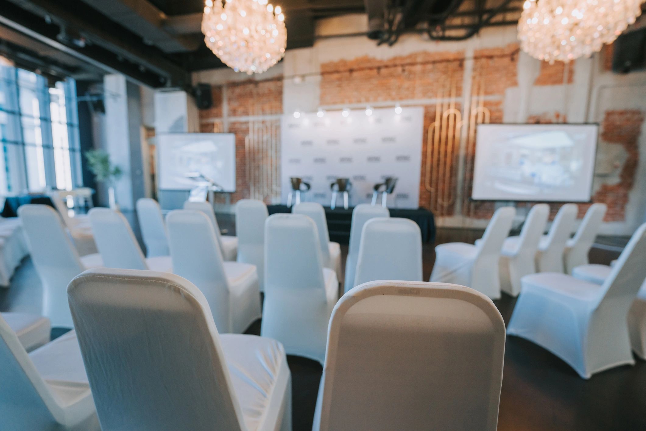 Professional event venue prepared for a conference